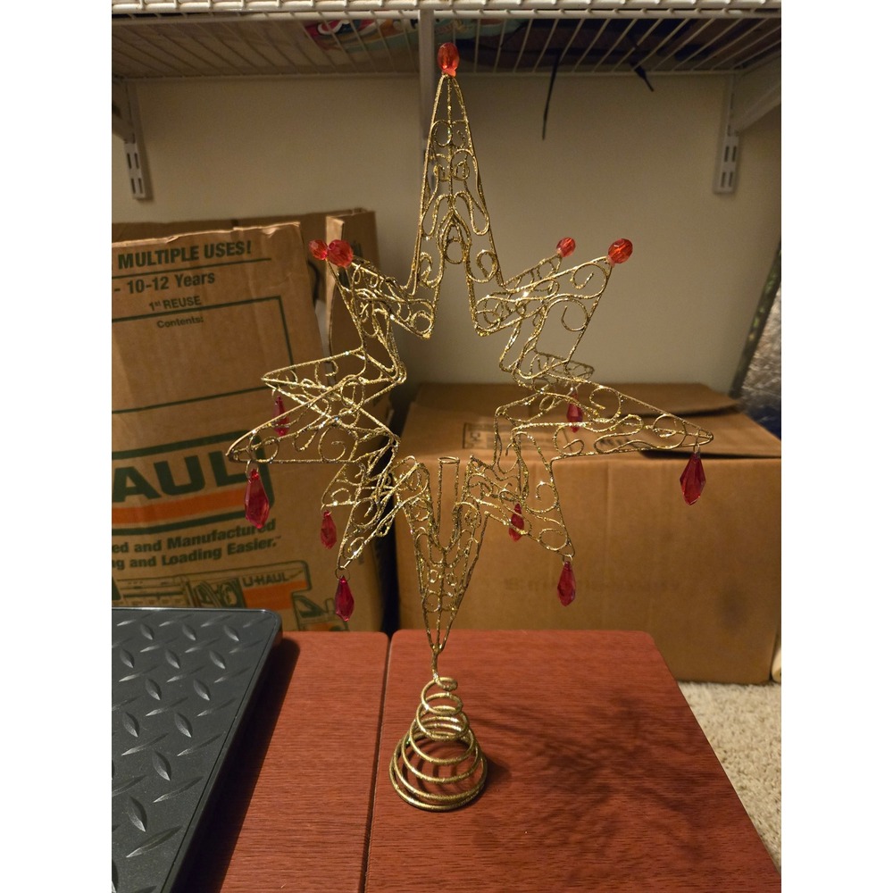 Vintage Gold Glitter Wire Star Christmas Tree Topper Red Crystal Accents 14.5"